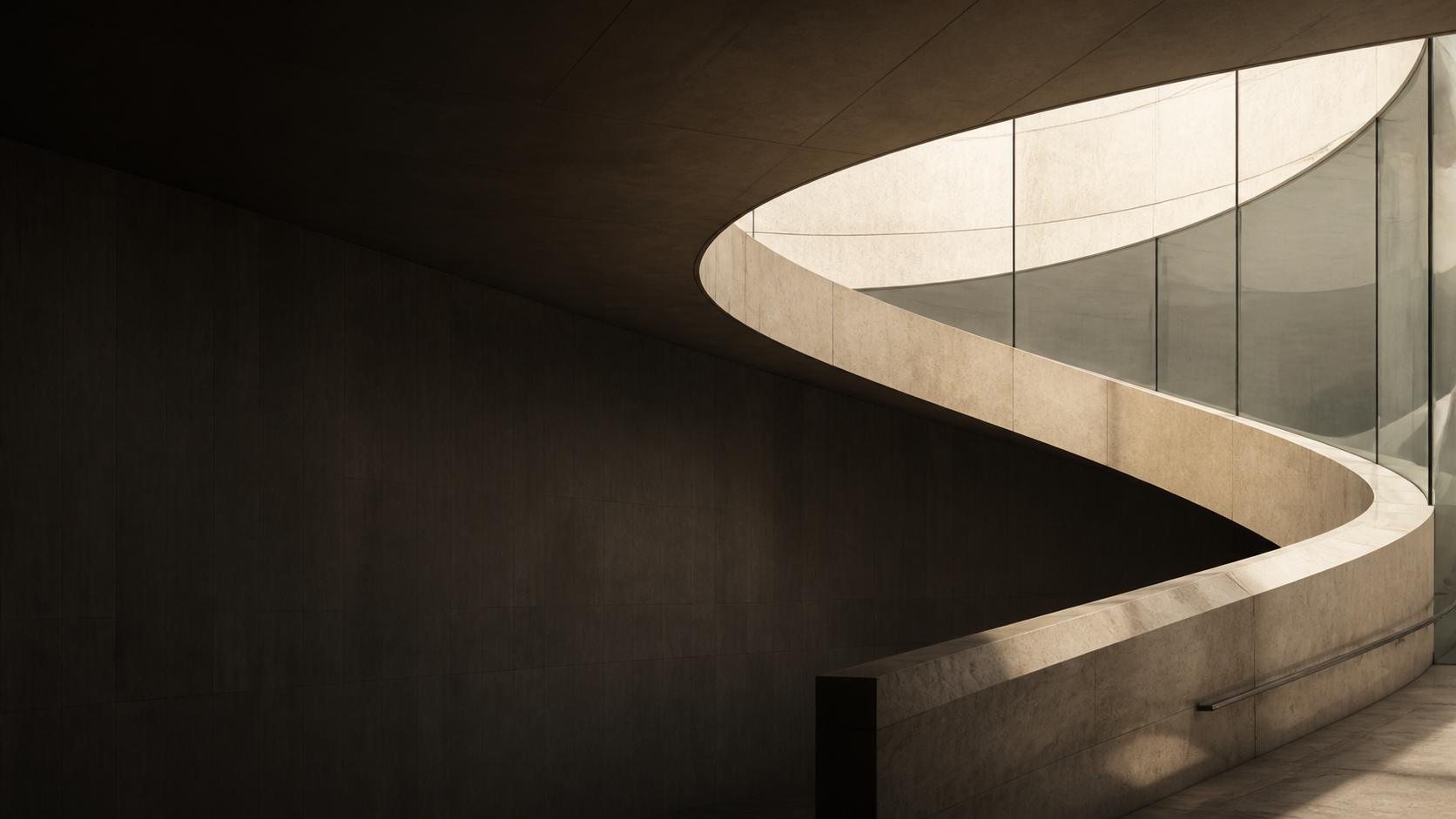 Architectural stone and glass forms with cool blue light